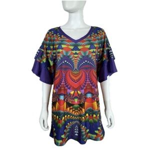 Lily by Firmiana Multi-Colored Kaleidoscope Ruffled Sleeve Tunic Top